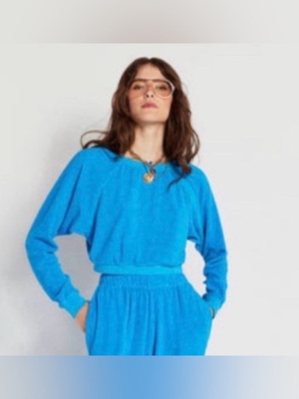 Suzie Kondi Velour Cropped Raglan Top  - Turquoise Blue